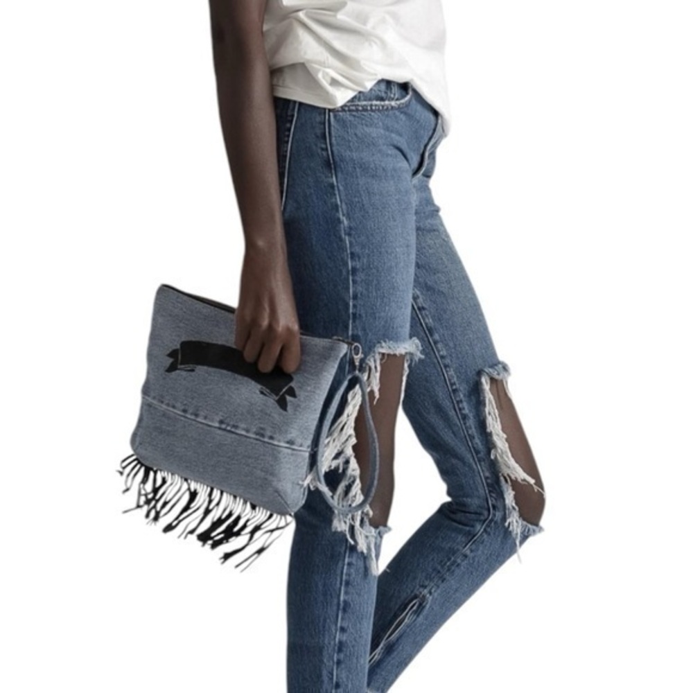 One Teaspoon WESTERN‎ VINTAGE CLUTCH Denim with Black Fringe NWT